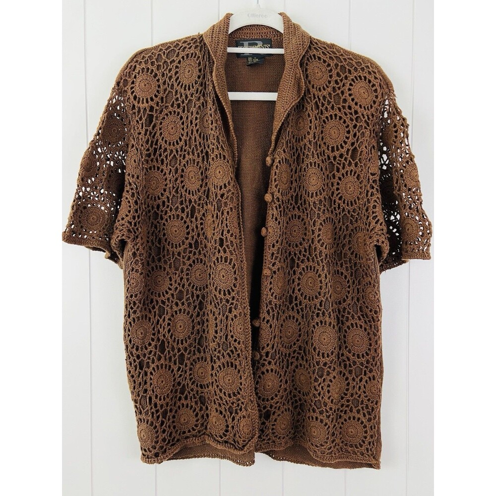 Vintage Requirements Brown Floral Lace Overlay Crochet Cardigan Sweater Plus 1X